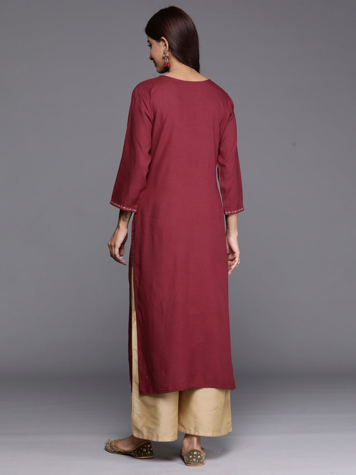 Indo Era Burgundy Embroidered Straight Kurta | Grocsy