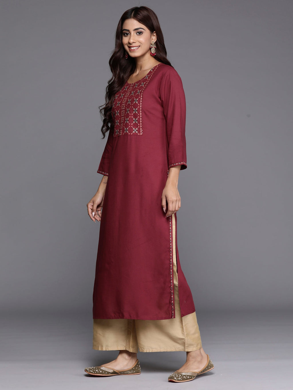 Indo Era Burgundy Embroidered Straight Kurta | Grocsy