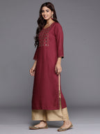 Indo Era Burgundy Embroidered Straight Kurta | Grocsy