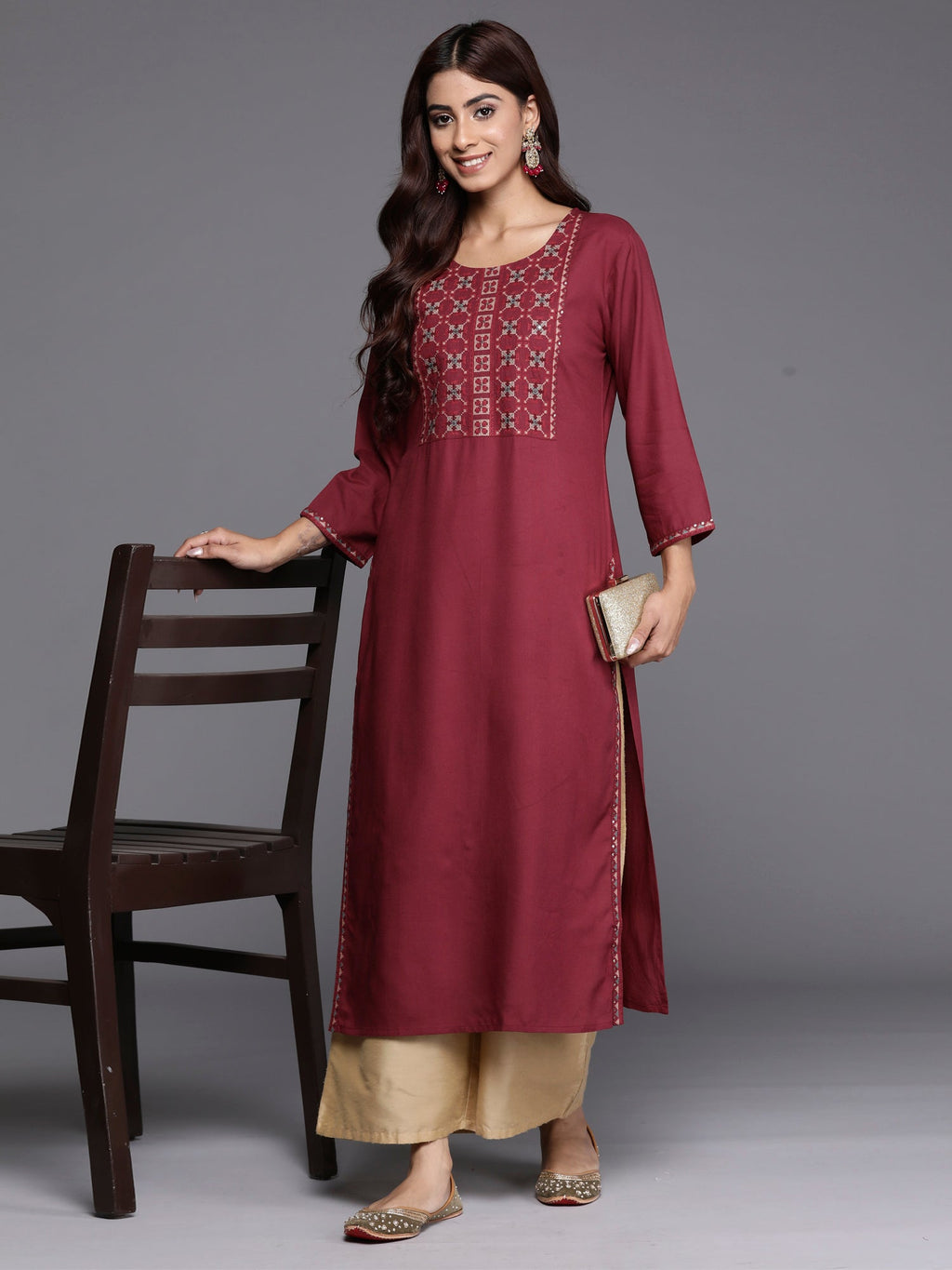 Indo Era Burgundy Embroidered Straight Kurta | Grocsy