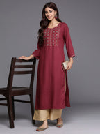 Indo Era Burgundy Embroidered Straight Kurta | Grocsy