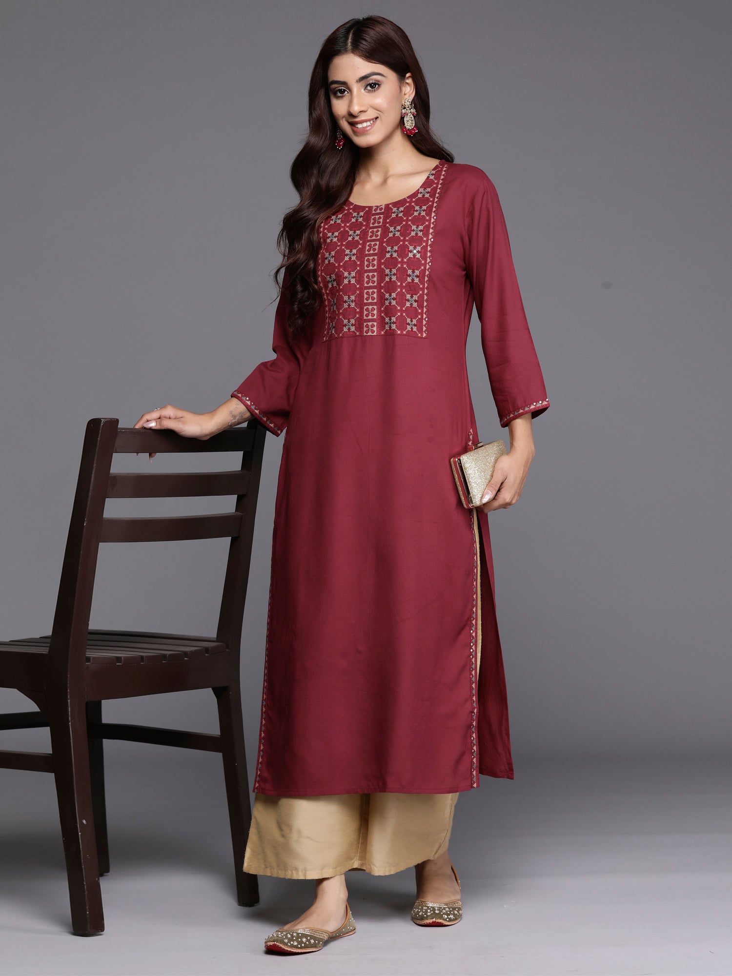 Indo Era Burgundy Embroidered Straight Kurta | Grocsy