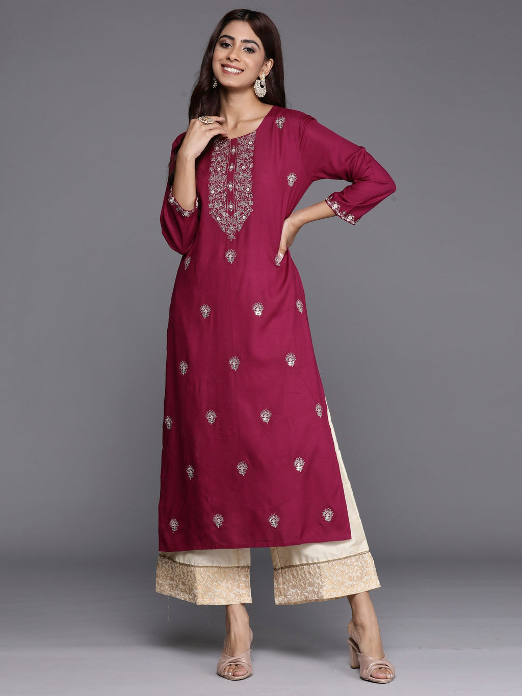 Indo Era Burgundy Embroidered Straight Kurta | Grocsy