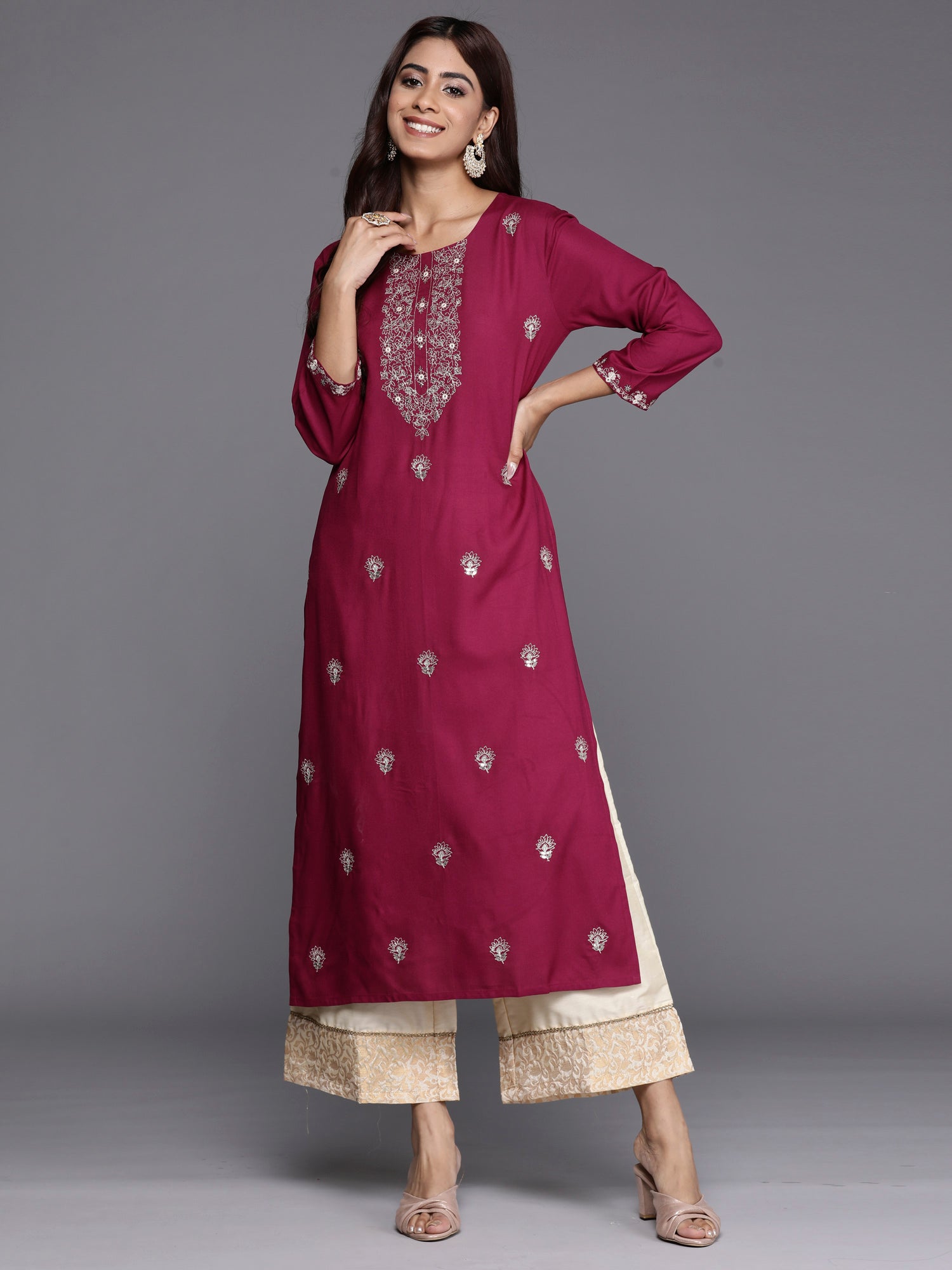 Indo Era Burgundy Embroidered Straight Kurta | Grocsy