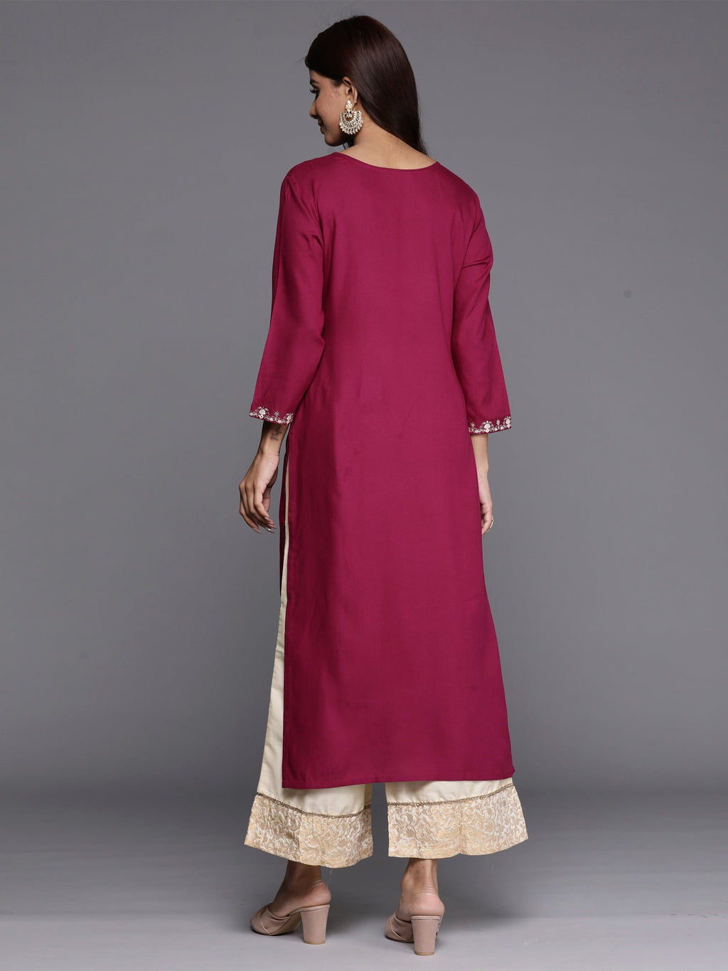 Indo Era Burgundy Embroidered Straight Kurta | Grocsy