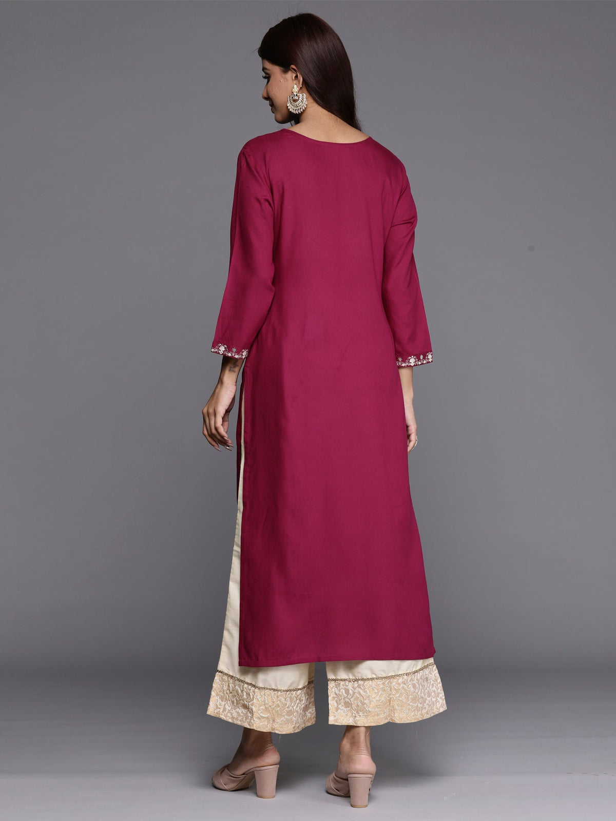 Indo Era Burgundy Embroidered Straight Kurta | Grocsy