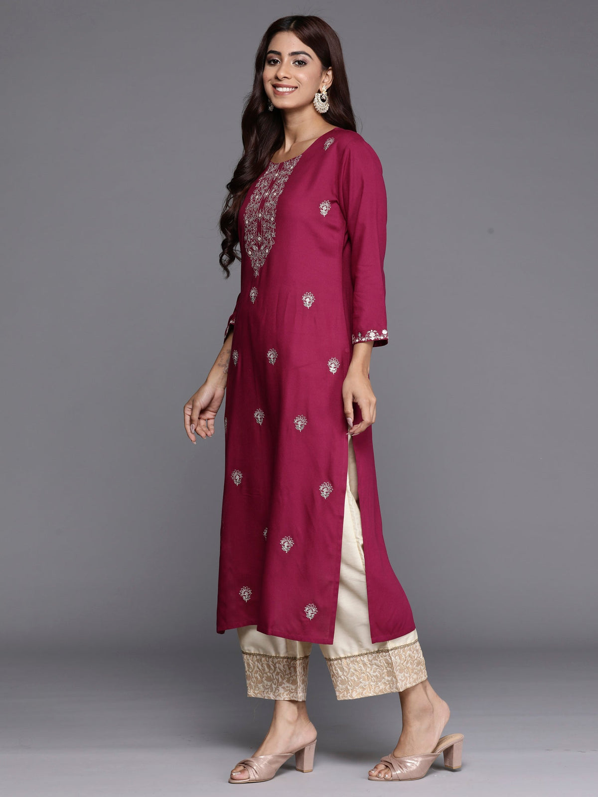 Indo Era Burgundy Embroidered Straight Kurta | Grocsy