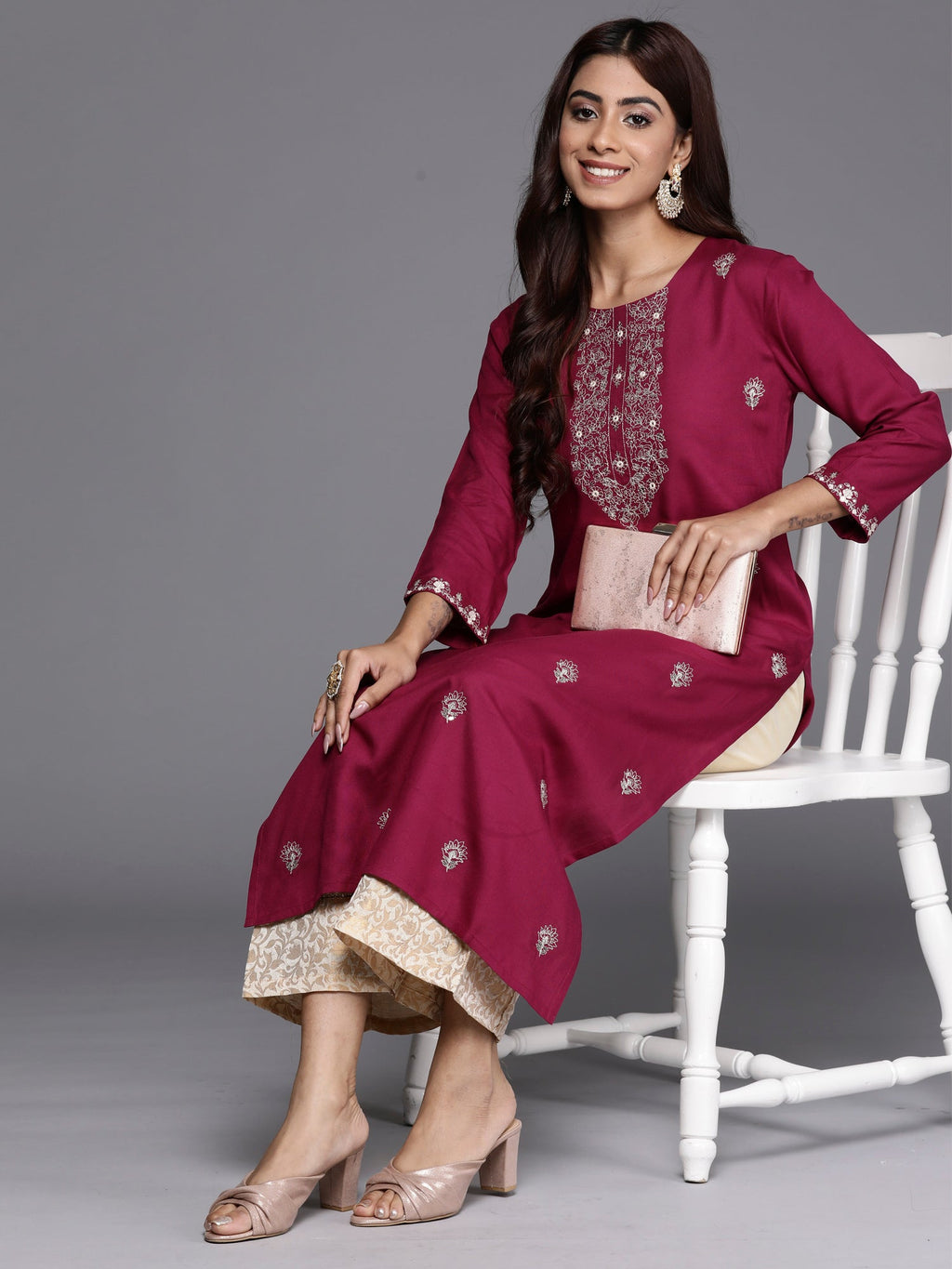 Indo Era Burgundy Embroidered Straight Kurta | Grocsy