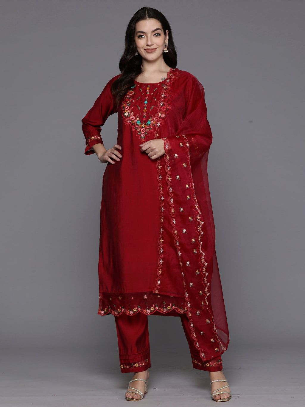 Indo Era Magenta Embroidered A-Line Kurta Trousers With Dupatta Set | Grocsy