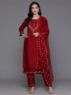 Indo Era Magenta Embroidered A-Line Kurta Trousers With Dupatta Set | Grocsy