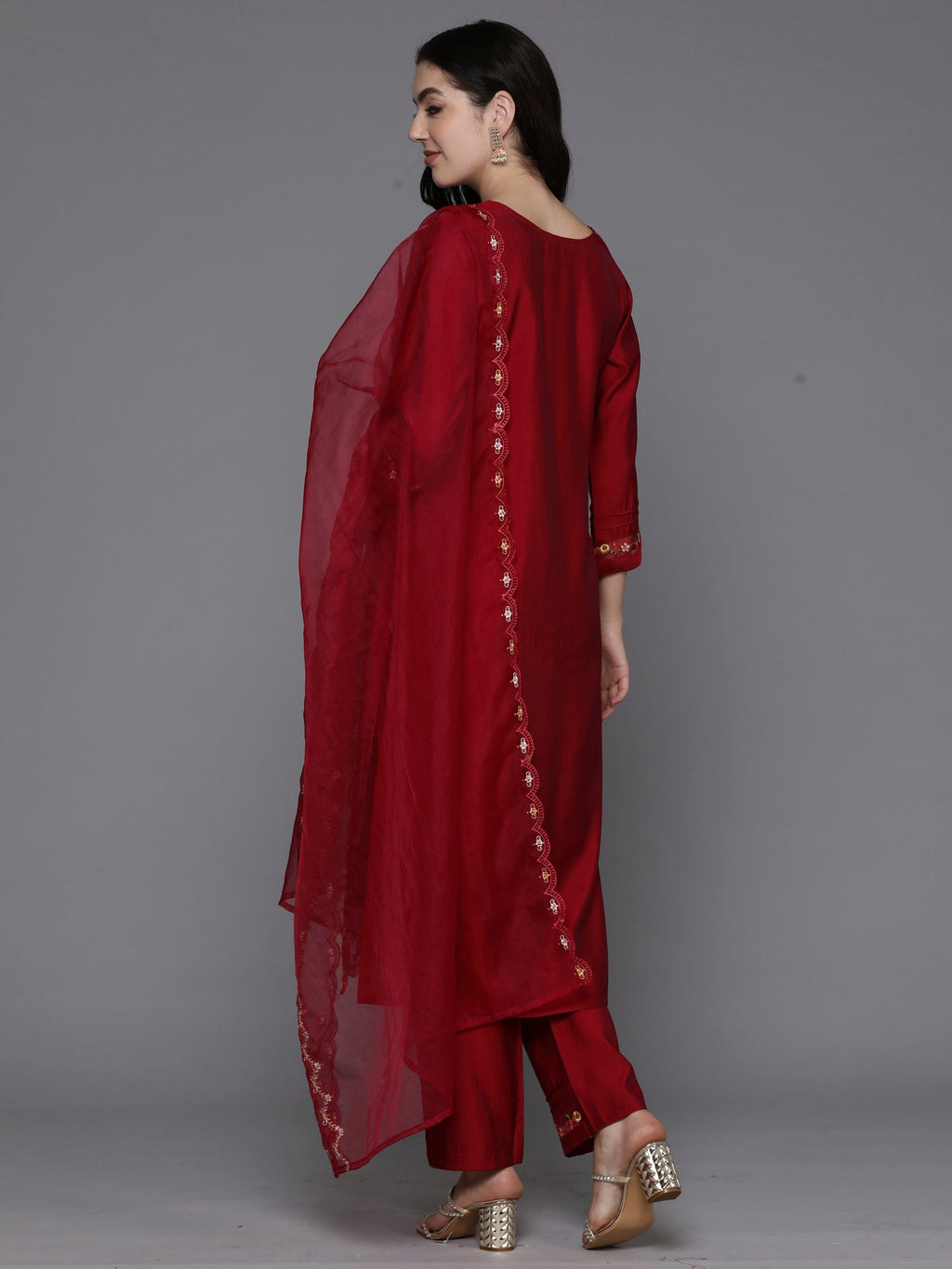 Indo Era Magenta Embroidered A-Line Kurta Trousers With Dupatta Set | Grocsy