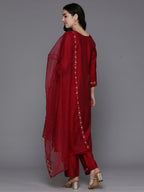 Indo Era Magenta Embroidered A-Line Kurta Trousers With Dupatta Set | Grocsy