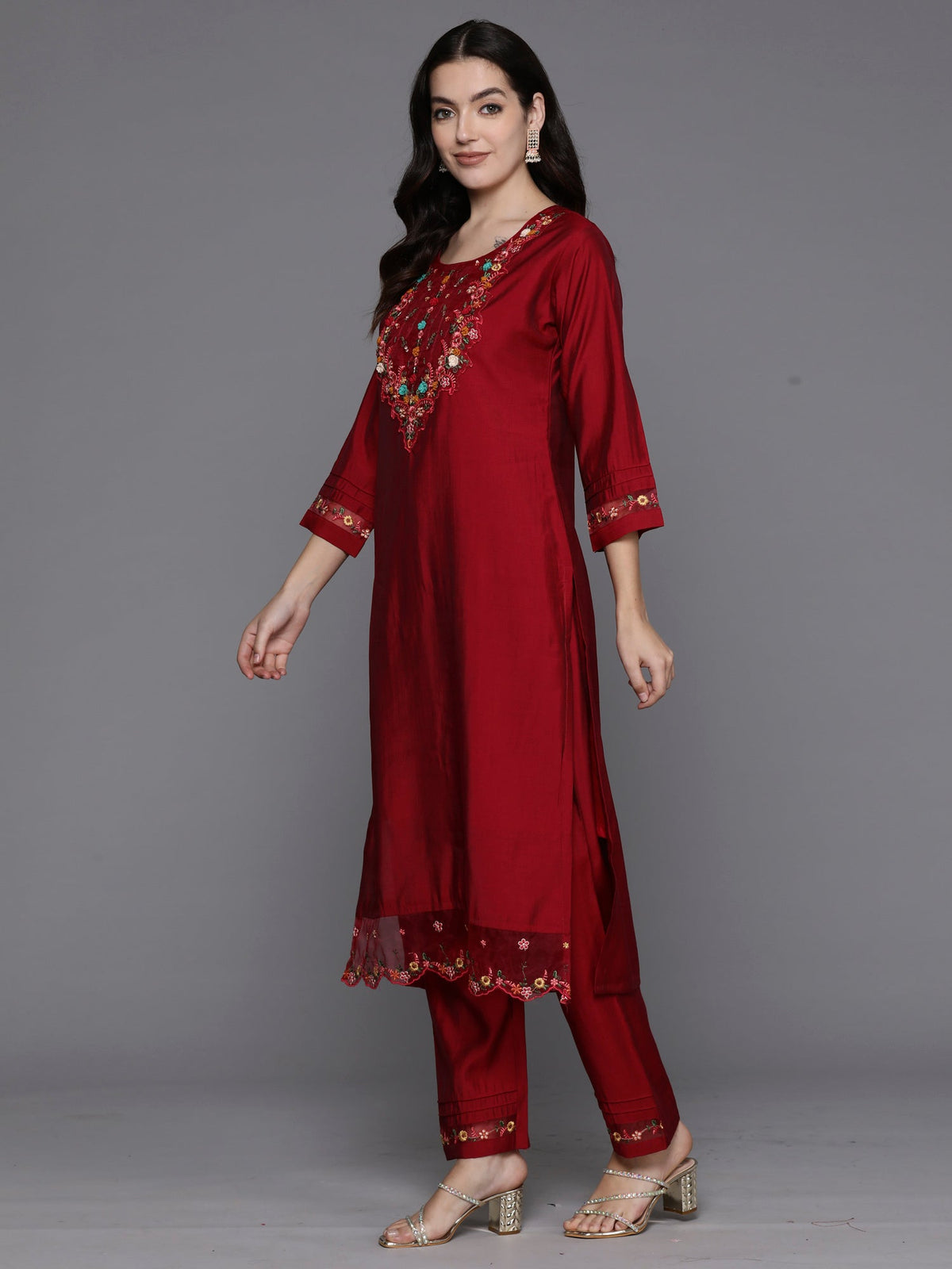 Indo Era Magenta Embroidered A-Line Kurta Trousers With Dupatta Set | Grocsy