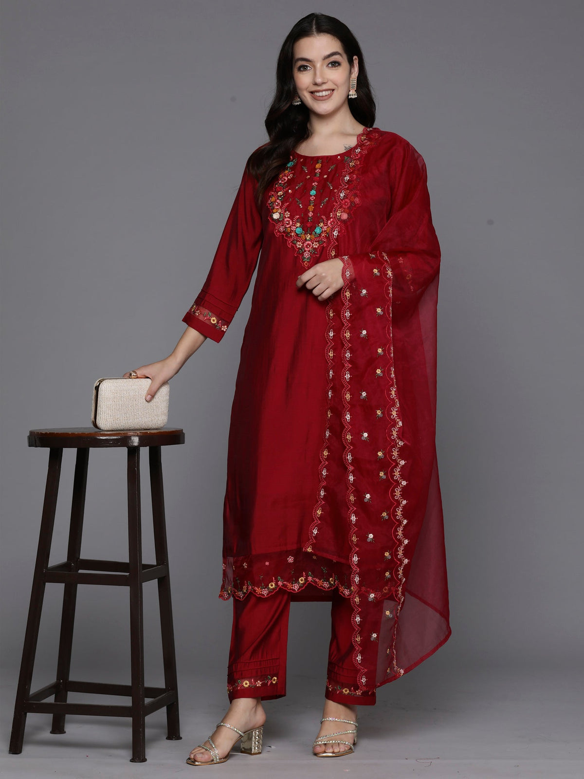 Indo Era Magenta Embroidered A-Line Kurta Trousers With Dupatta Set | Grocsy