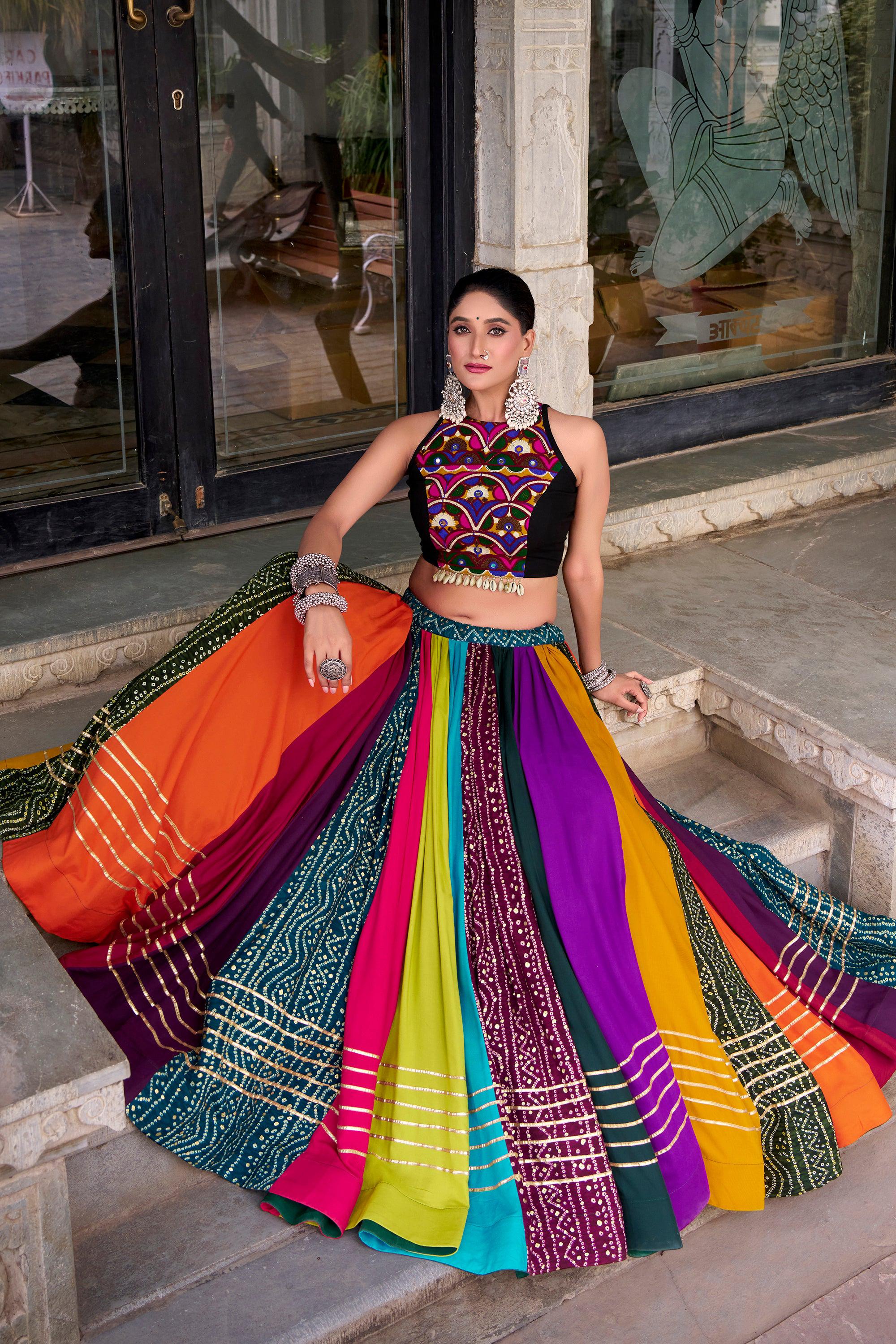 Lorenvalley Fashion Multicolor Pure Rayon Lehenga Featuring Printed Design With Gota Patti Lehenga Choli | Grocsy
