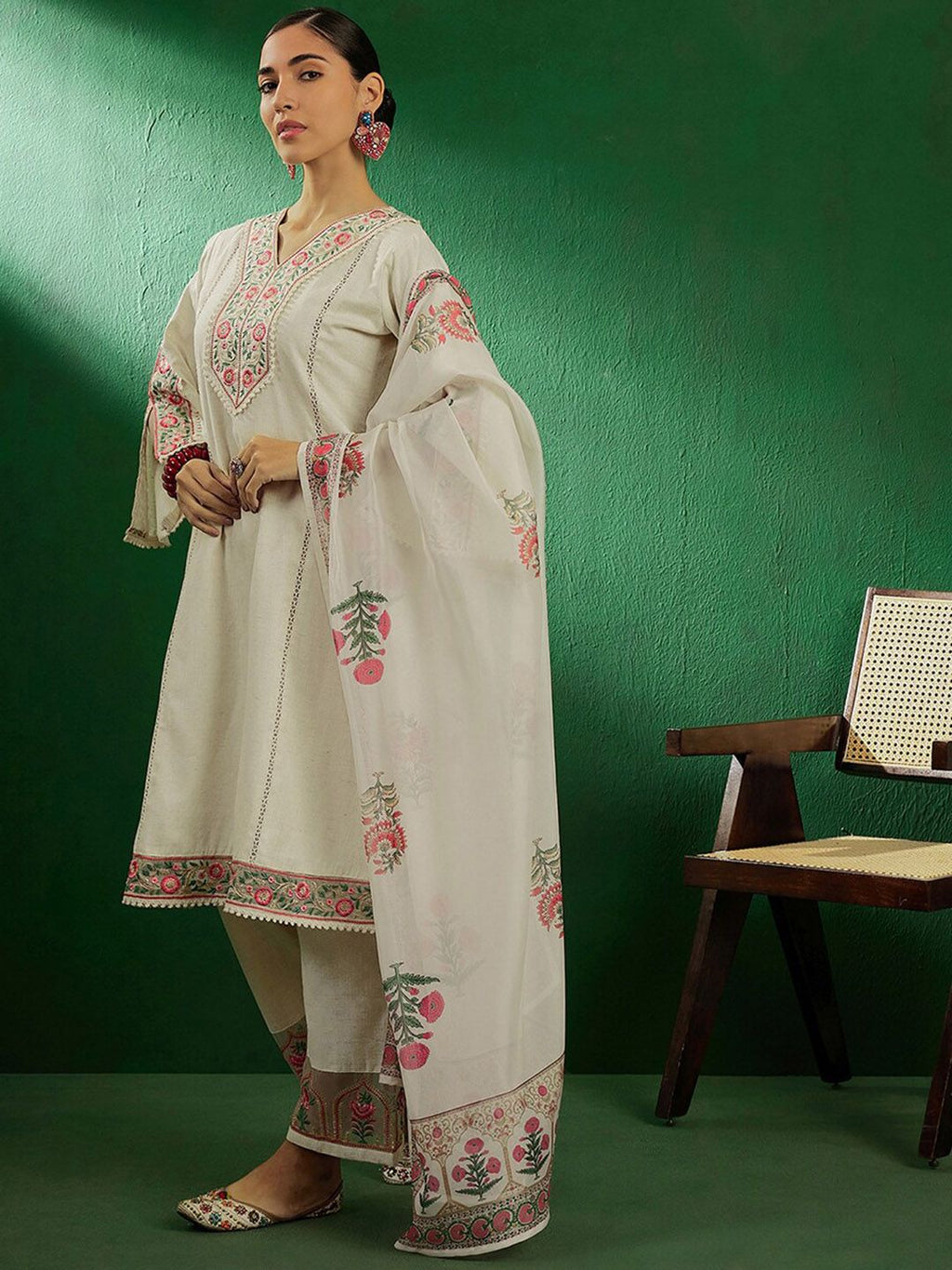 Sangria Off White Floral Embroidered Pure Cotton Kurta With Palazzo & Dupatta | Grocsy