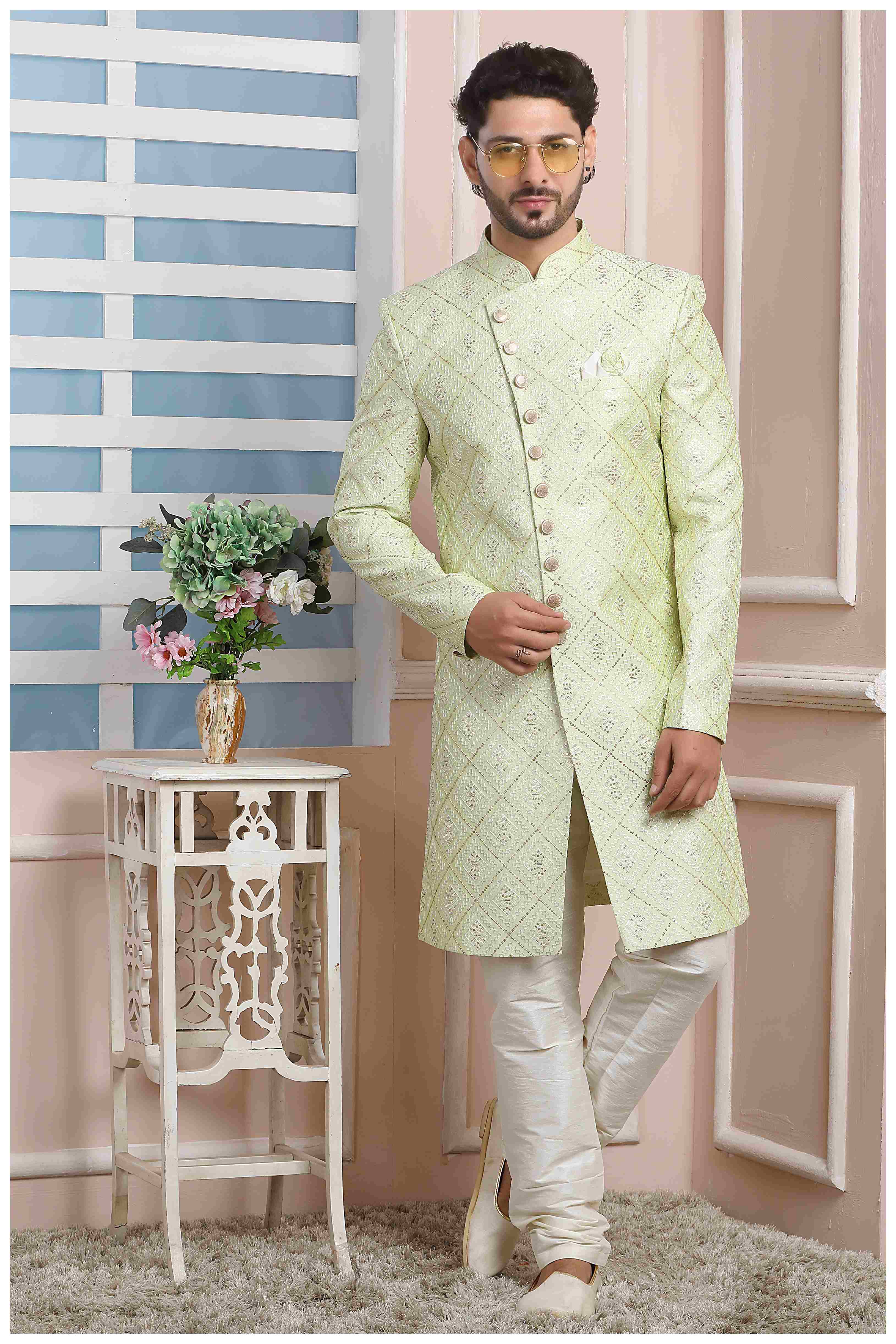 Raivat Ethnic Art Silk Thread Work Indo Western In Pista Green Colour | Grocsy