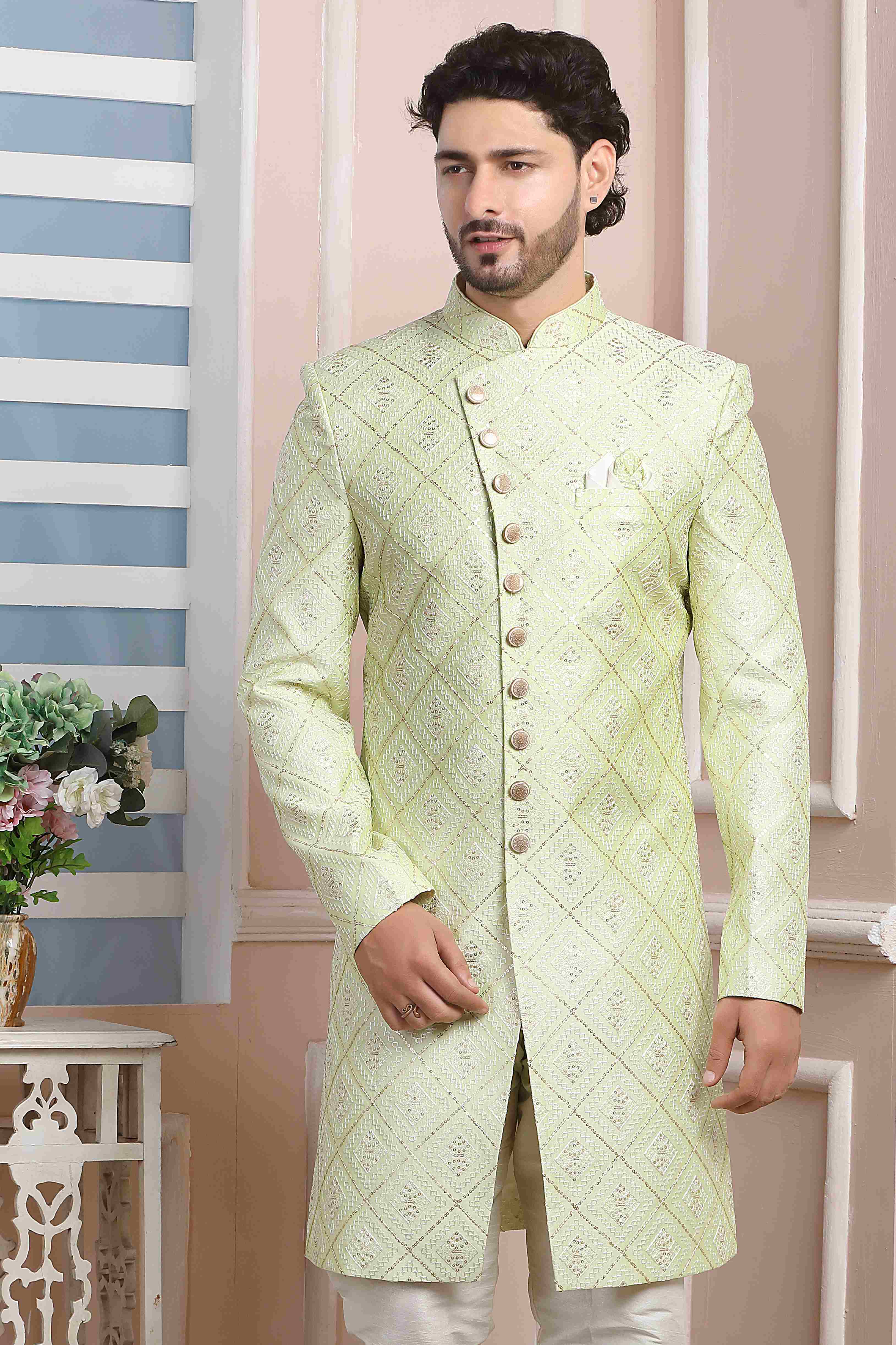 Raivat Ethnic Art Silk Thread Work Indo Western In Pista Green Colour | Grocsy