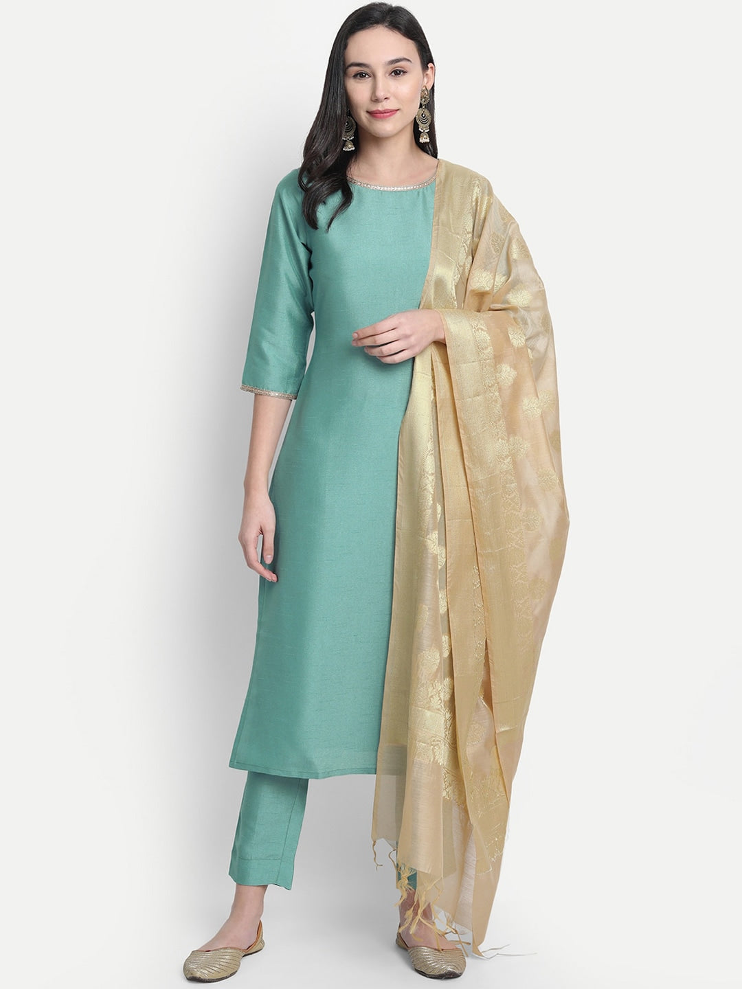Janasya Women Green Solid Straight Kurta & Trousers With Dupatta | Grocsy