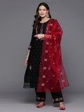 Indo Era Black Embroidered Straight Kurta Trousers With Dupatta set | Grocsy