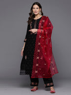 Indo Era Black Embroidered Straight Kurta Trousers With Dupatta set | Grocsy