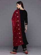 Indo Era Black Embroidered Straight Kurta Trousers With Dupatta set | Grocsy
