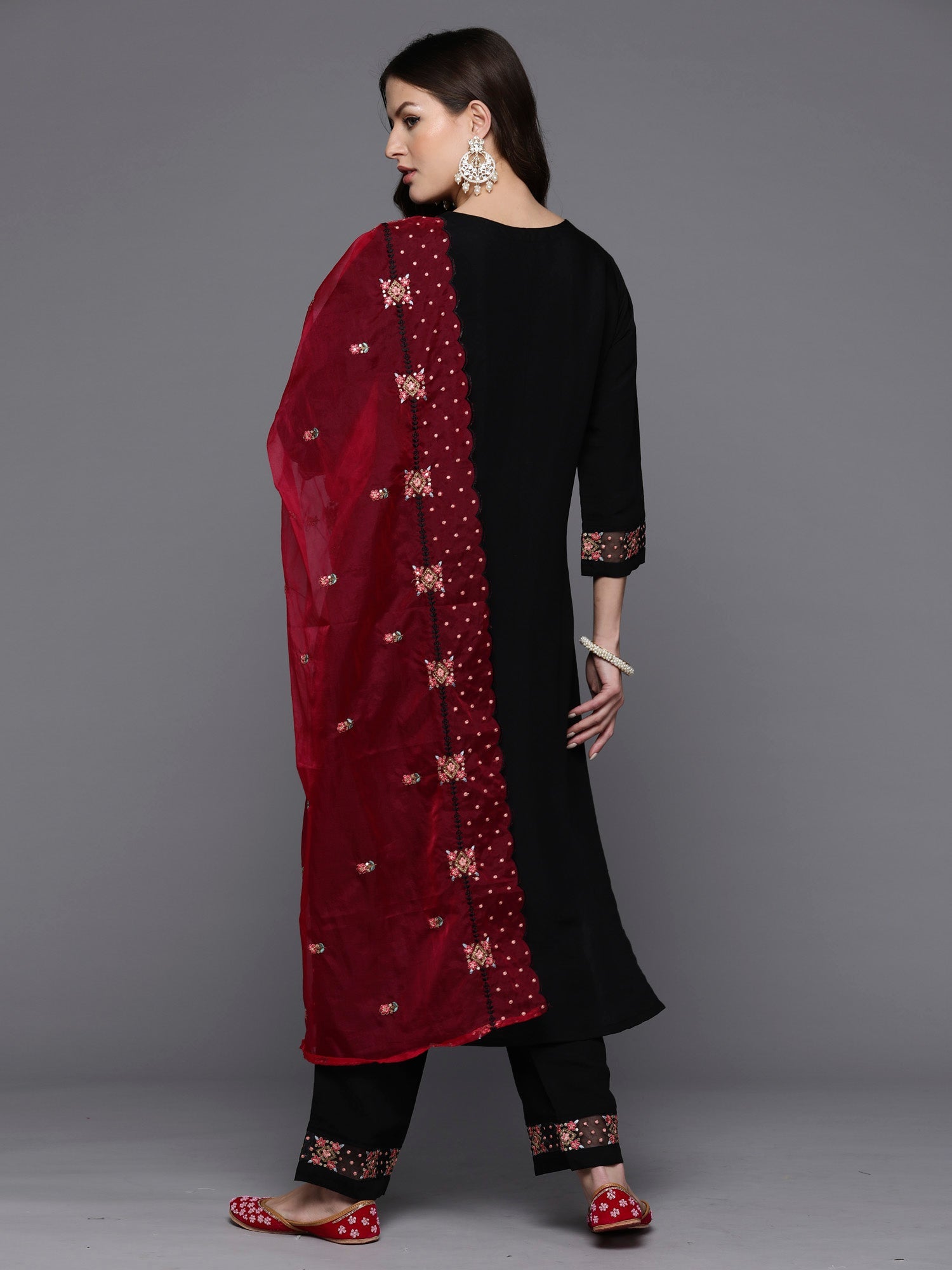 Indo Era Black Embroidered Straight Kurta Trousers With Dupatta set | Grocsy
