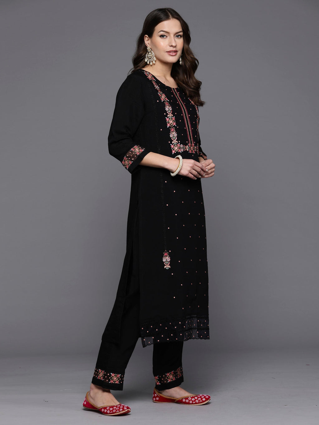 Indo Era Black Embroidered Straight Kurta Trousers With Dupatta set | Grocsy