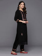 Indo Era Black Embroidered Straight Kurta Trousers With Dupatta set | Grocsy