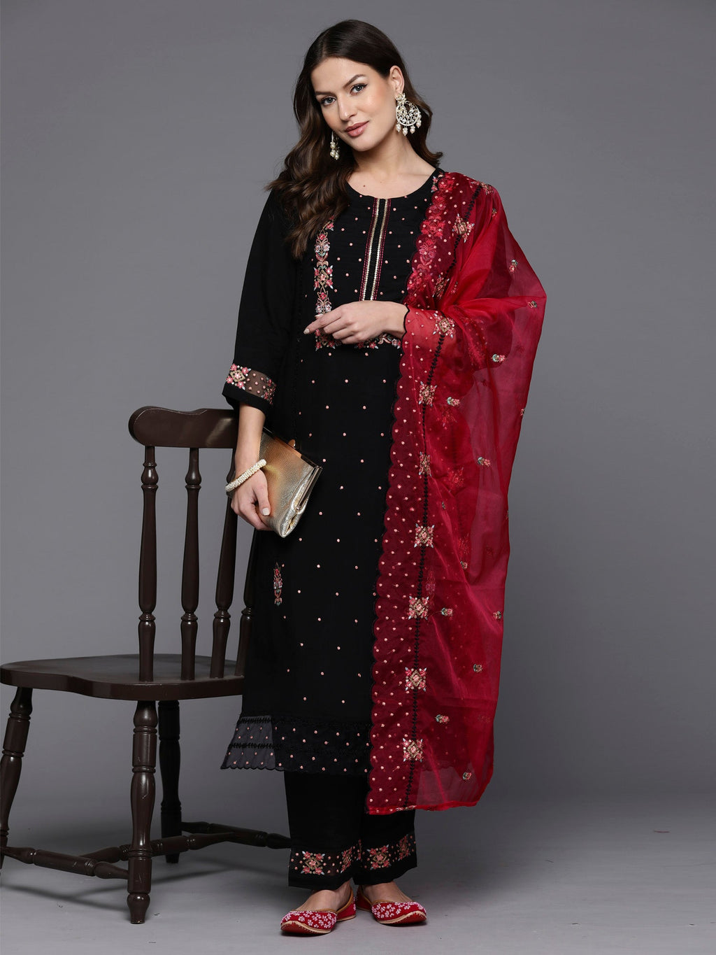 Indo Era Black Embroidered Straight Kurta Trousers With Dupatta set | Grocsy