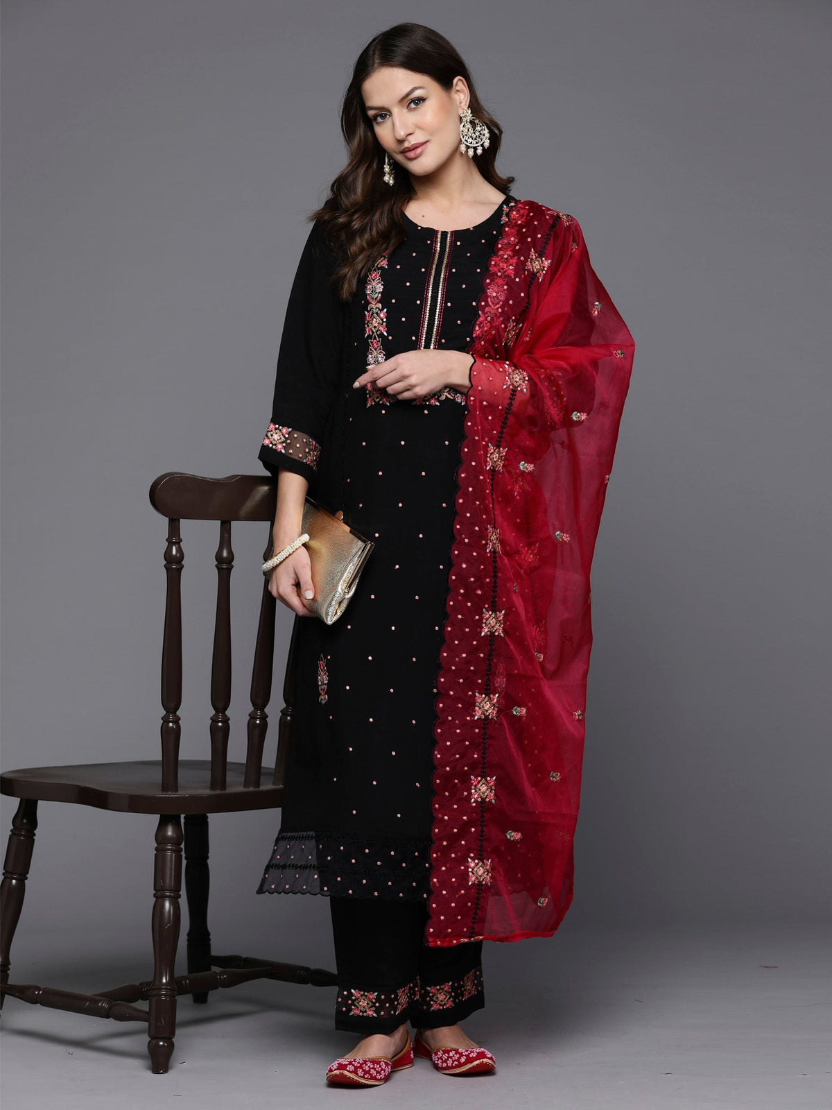 Indo Era Black Embroidered Straight Kurta Trousers With Dupatta set | Grocsy