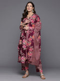 Indo Era Burgundy Printed Straight Kurta Trousers With Dupatta Set | Grocsy
