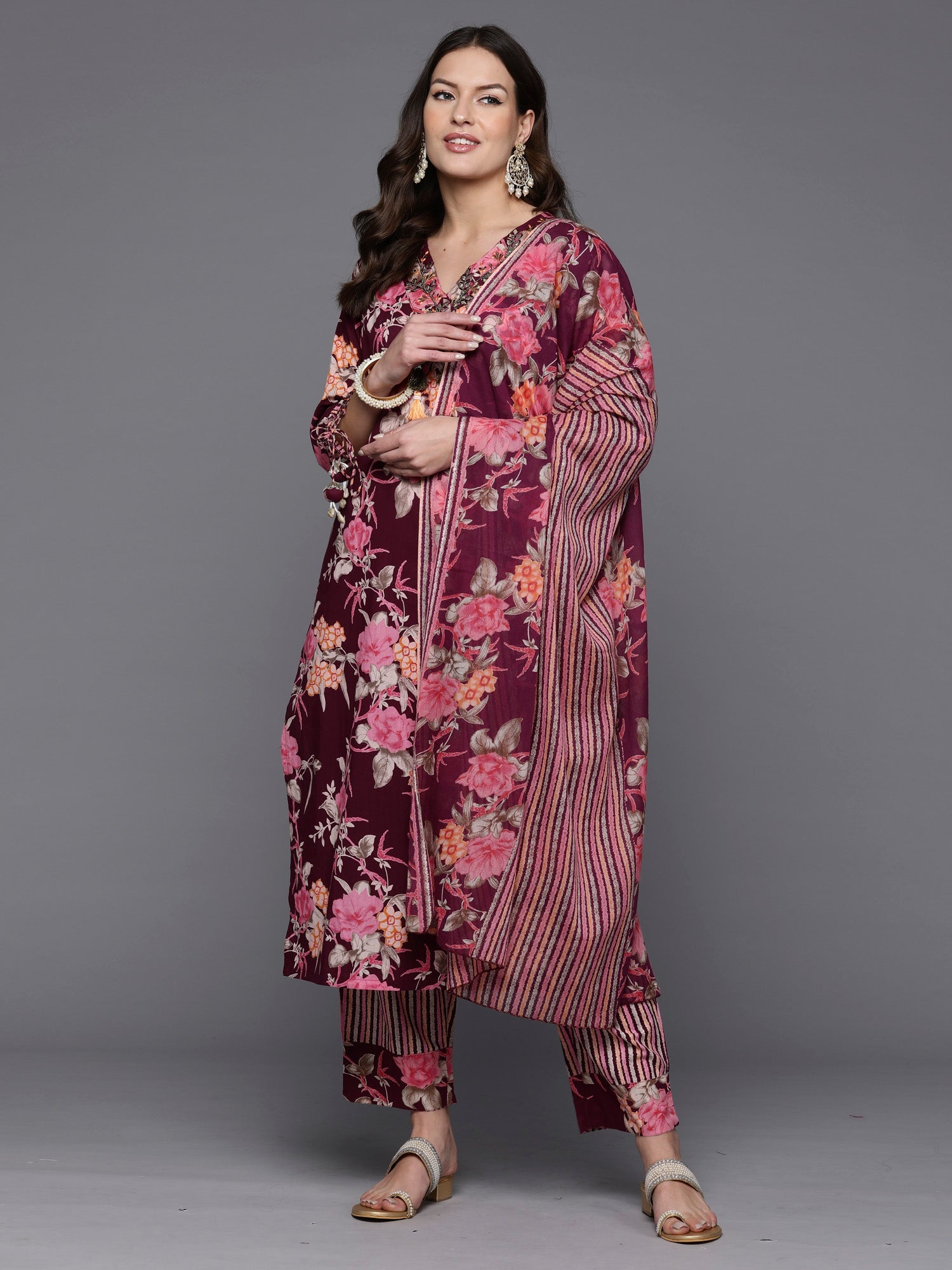 Indo Era Burgundy Printed Straight Kurta Trousers With Dupatta Set | Grocsy