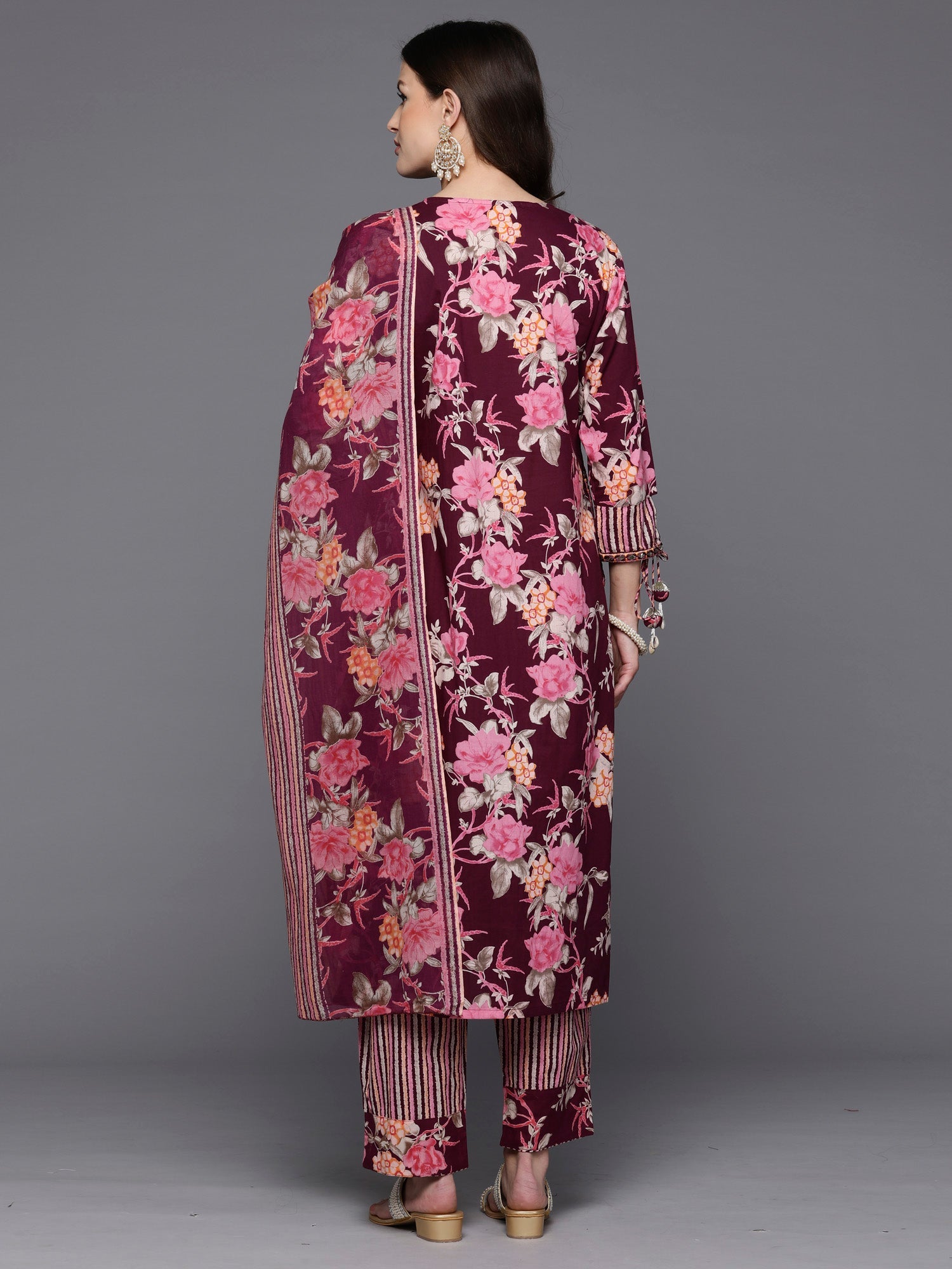 Indo Era Burgundy Printed Straight Kurta Trousers With Dupatta Set | Grocsy