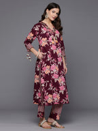 Indo Era Burgundy Printed Straight Kurta Trousers With Dupatta Set | Grocsy