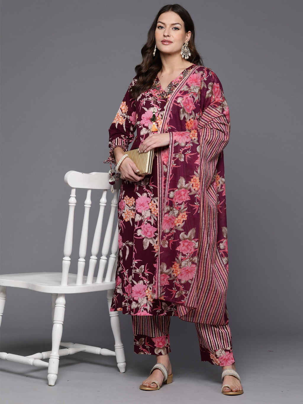 Indo Era Burgundy Printed Straight Kurta Trousers With Dupatta Set | Grocsy