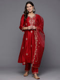Indo Era Red Embroidered Straight Kurta Trousers With Dupatta Set | Grocsy