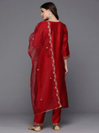 Indo Era Red Embroidered Straight Kurta Trousers With Dupatta Set | Grocsy