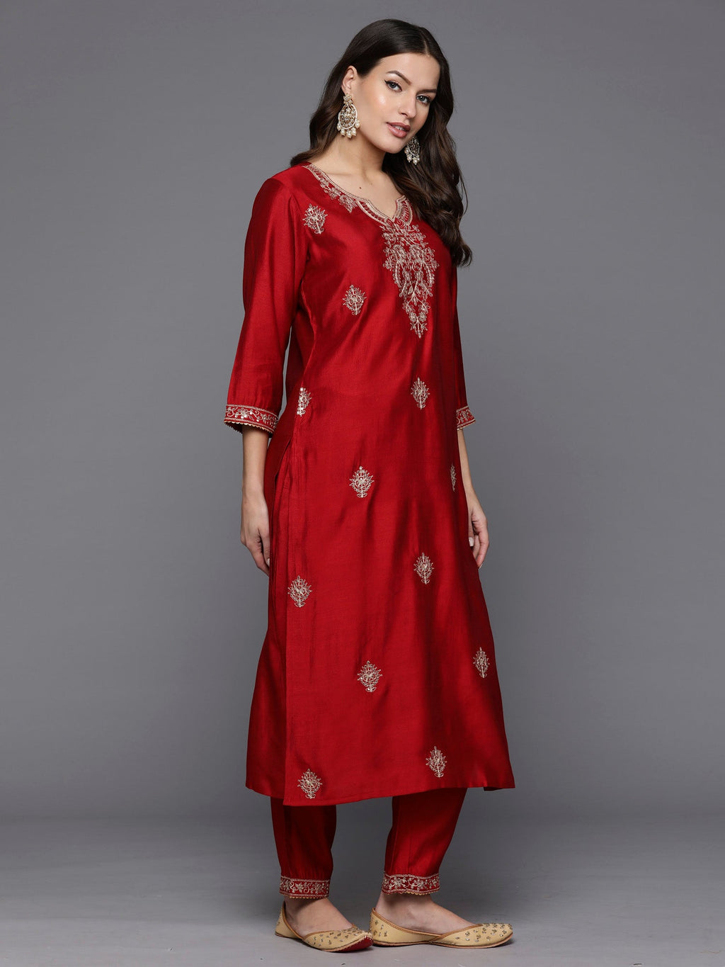 Indo Era Red Embroidered Straight Kurta Trousers With Dupatta Set | Grocsy