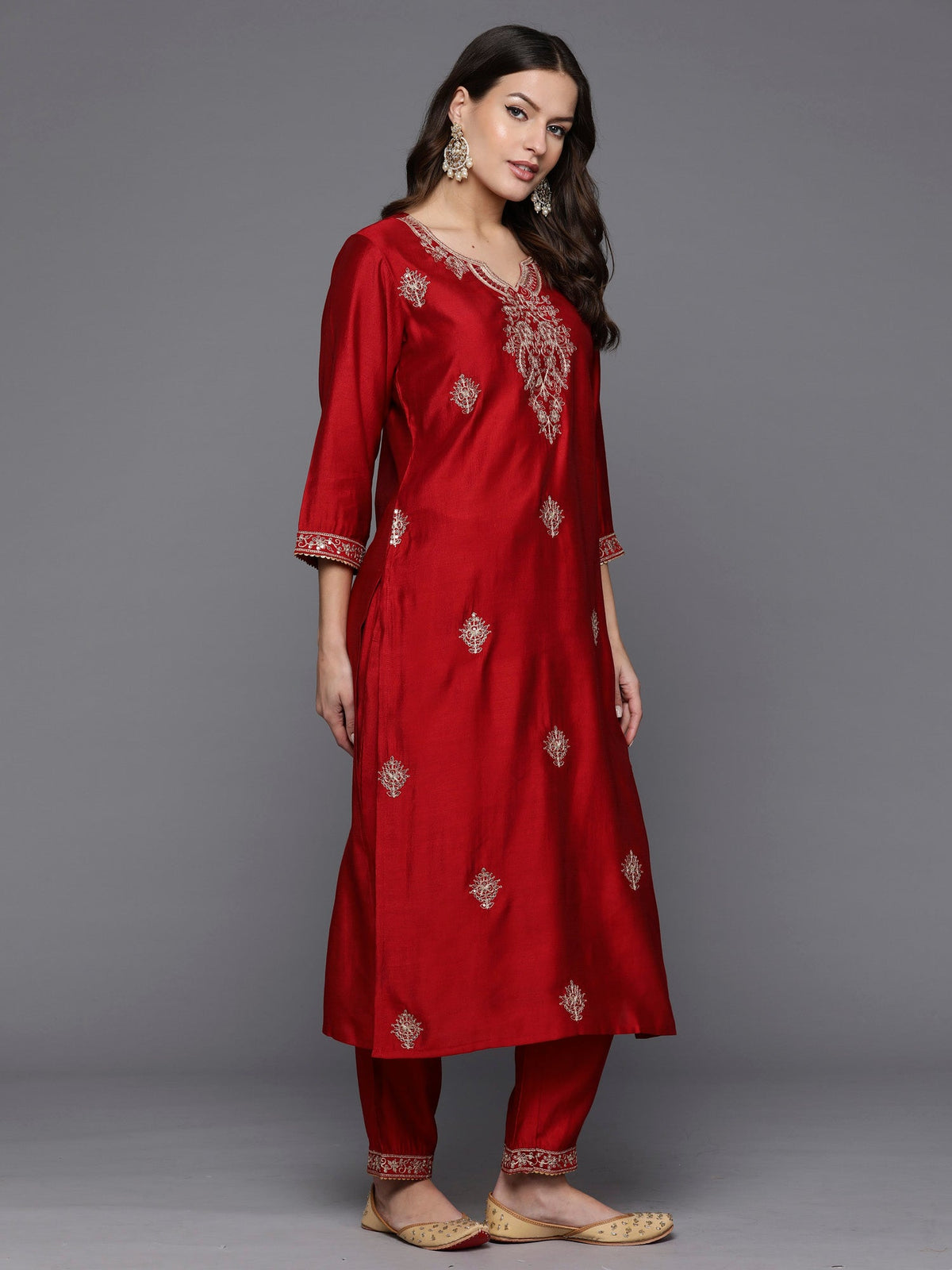 Indo Era Red Embroidered Straight Kurta Trousers With Dupatta Set | Grocsy