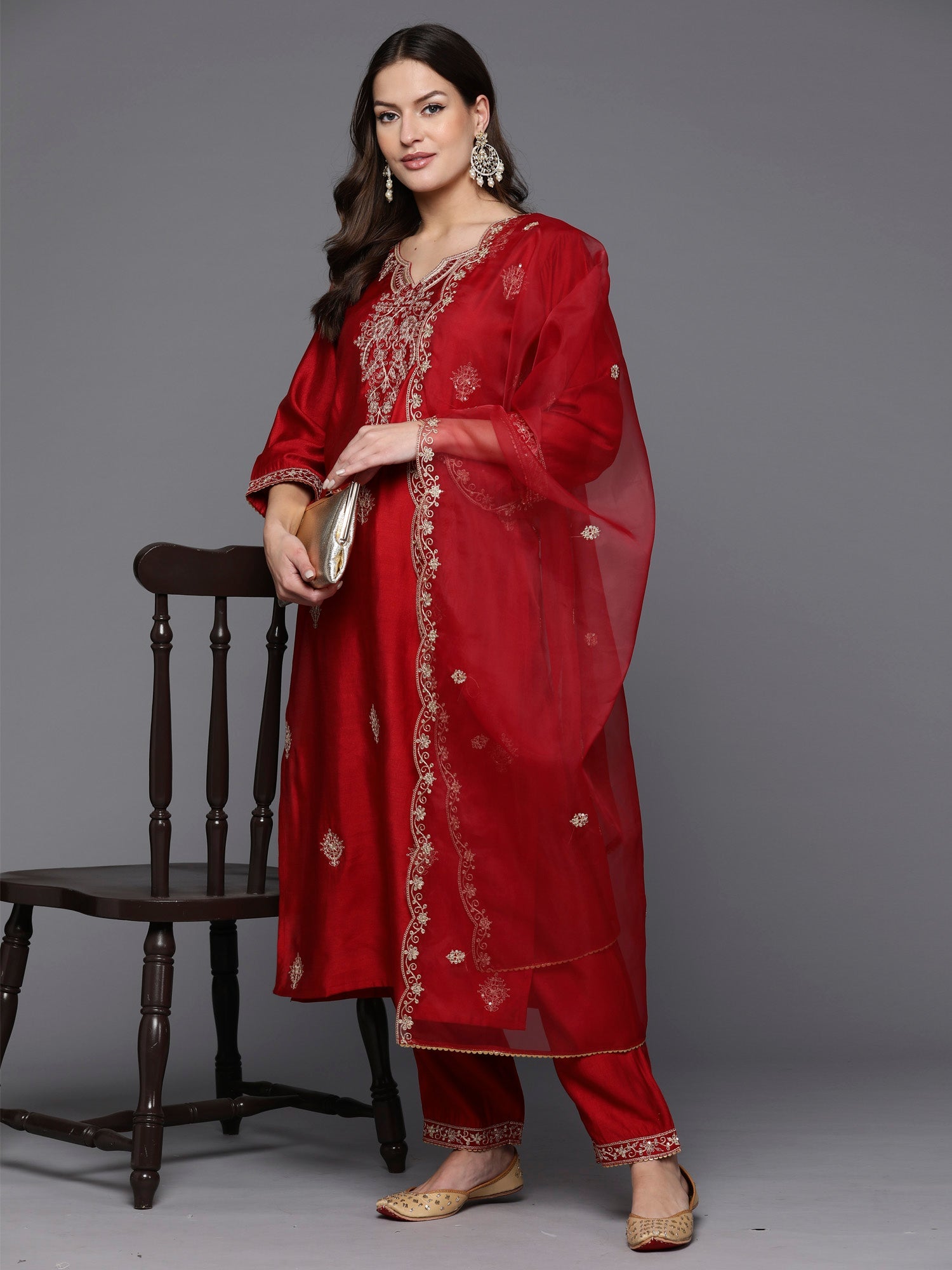 Indo Era Red Embroidered Straight Kurta Trousers With Dupatta Set | Grocsy