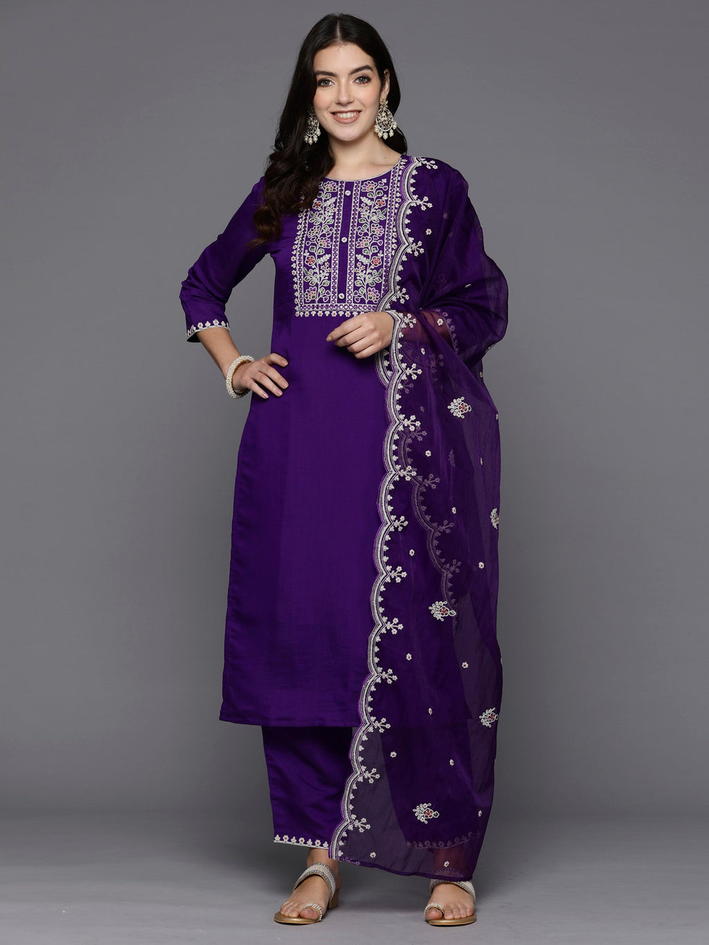 Indo Era Purple Embroidered Straight Kurta Trousers With Dupatta set | Grocsy