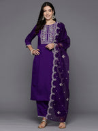 Indo Era Purple Embroidered Straight Kurta Trousers With Dupatta set | Grocsy