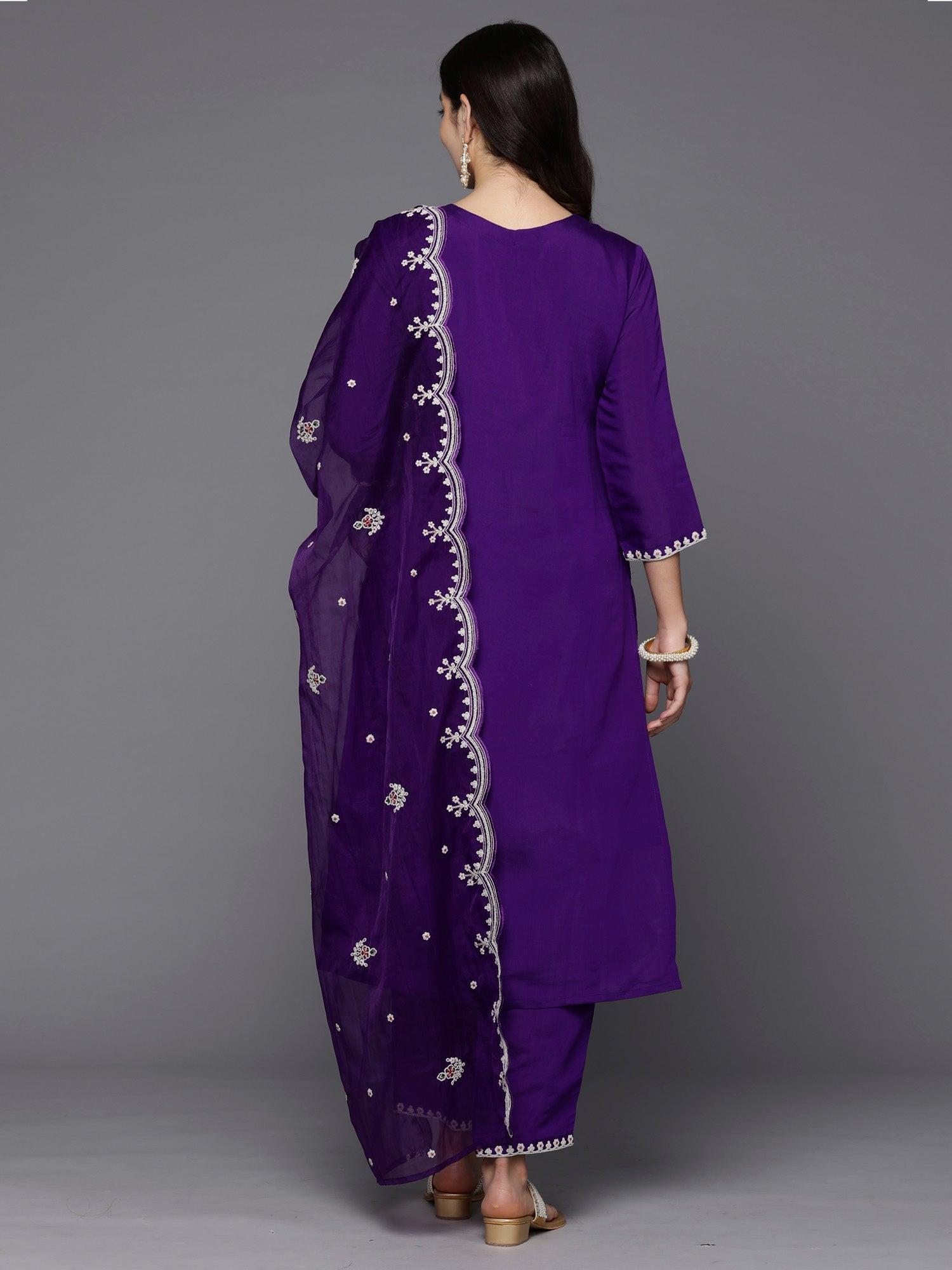 Indo Era Purple Embroidered Straight Kurta Trousers With Dupatta set | Grocsy