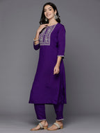 Indo Era Purple Embroidered Straight Kurta Trousers With Dupatta set | Grocsy