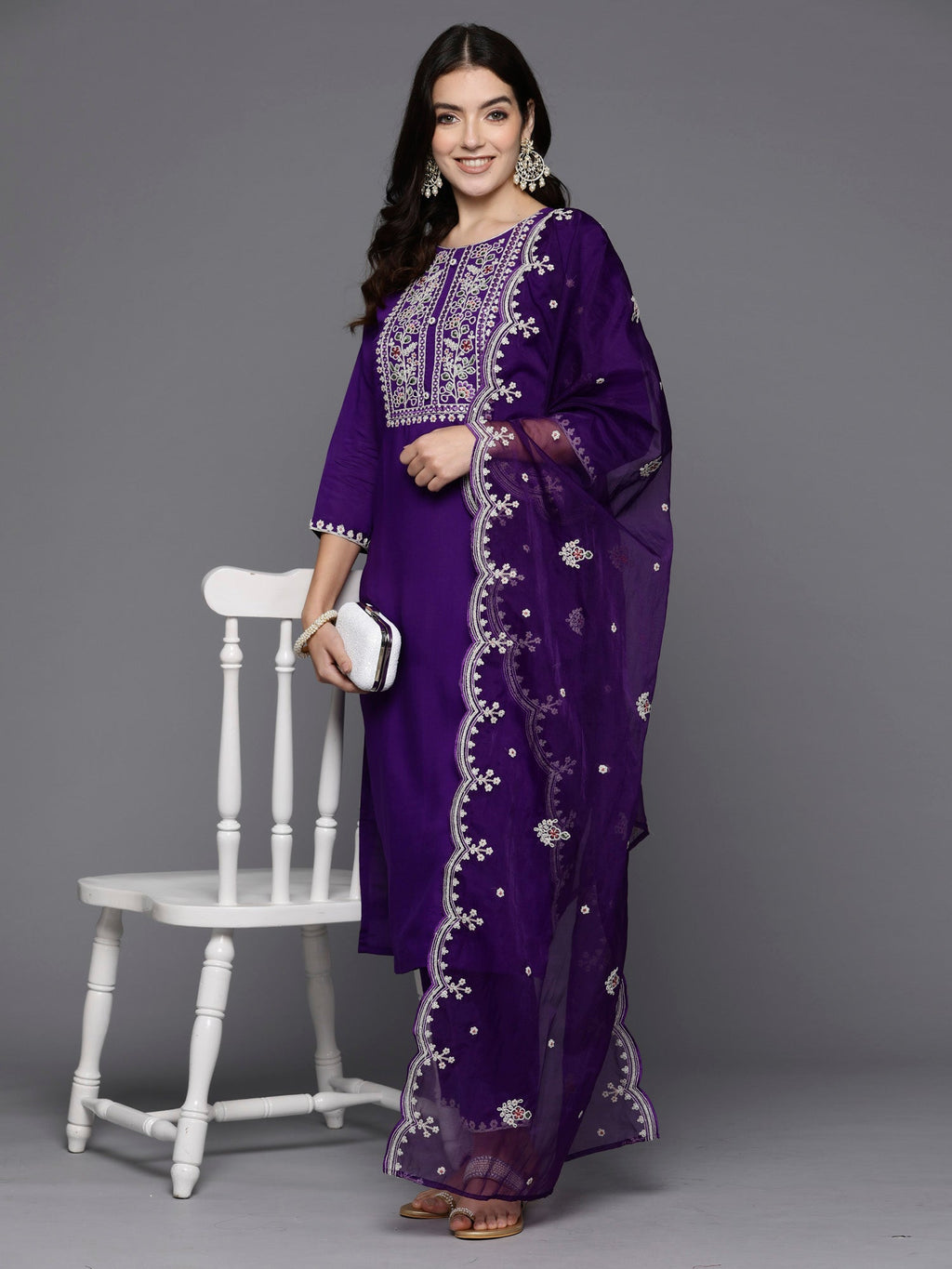 Indo Era Purple Embroidered Straight Kurta Trousers With Dupatta set | Grocsy