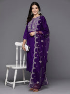 Indo Era Purple Embroidered Straight Kurta Trousers With Dupatta set | Grocsy