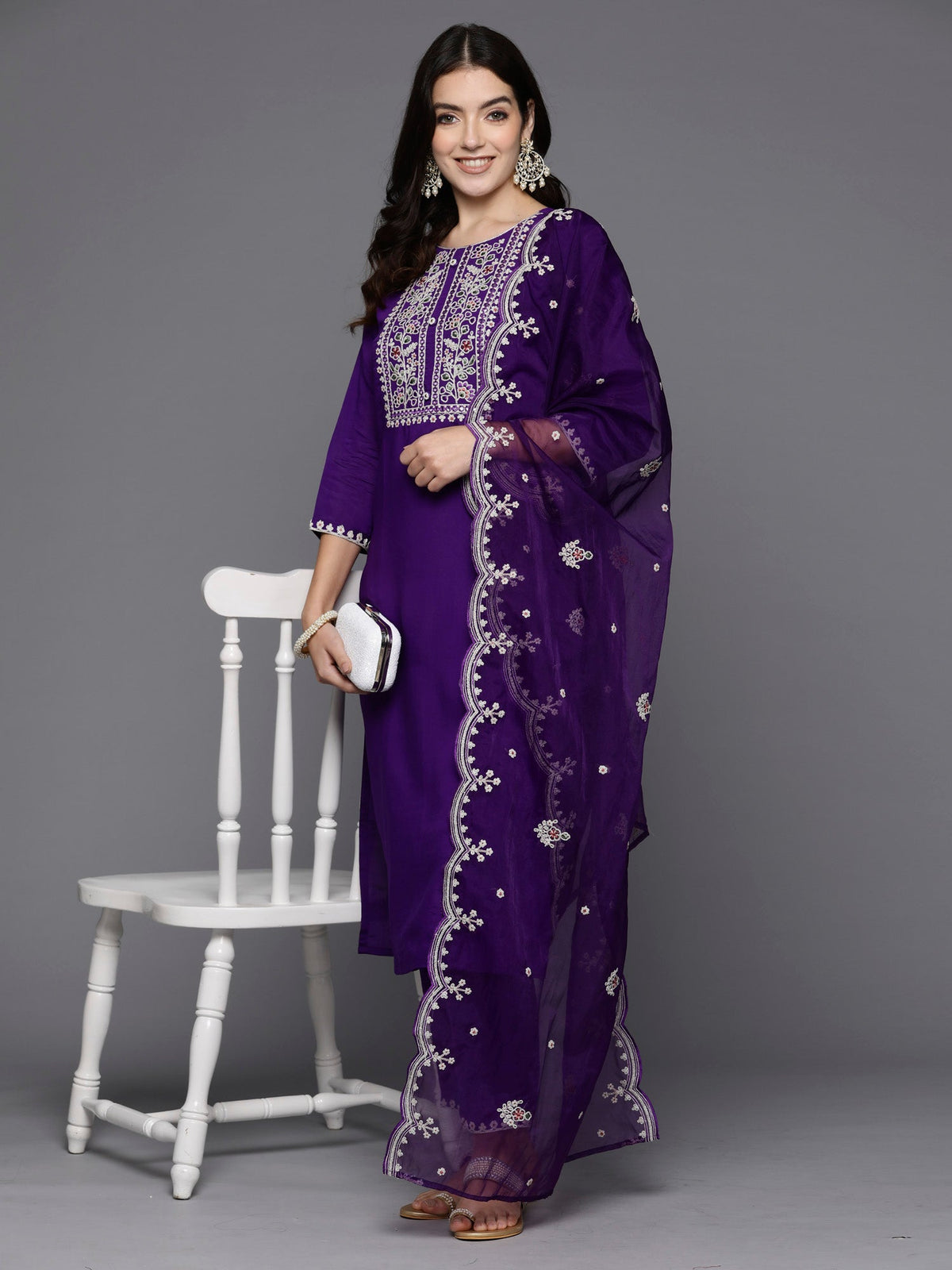 Indo Era Purple Embroidered Straight Kurta Trousers With Dupatta set | Grocsy