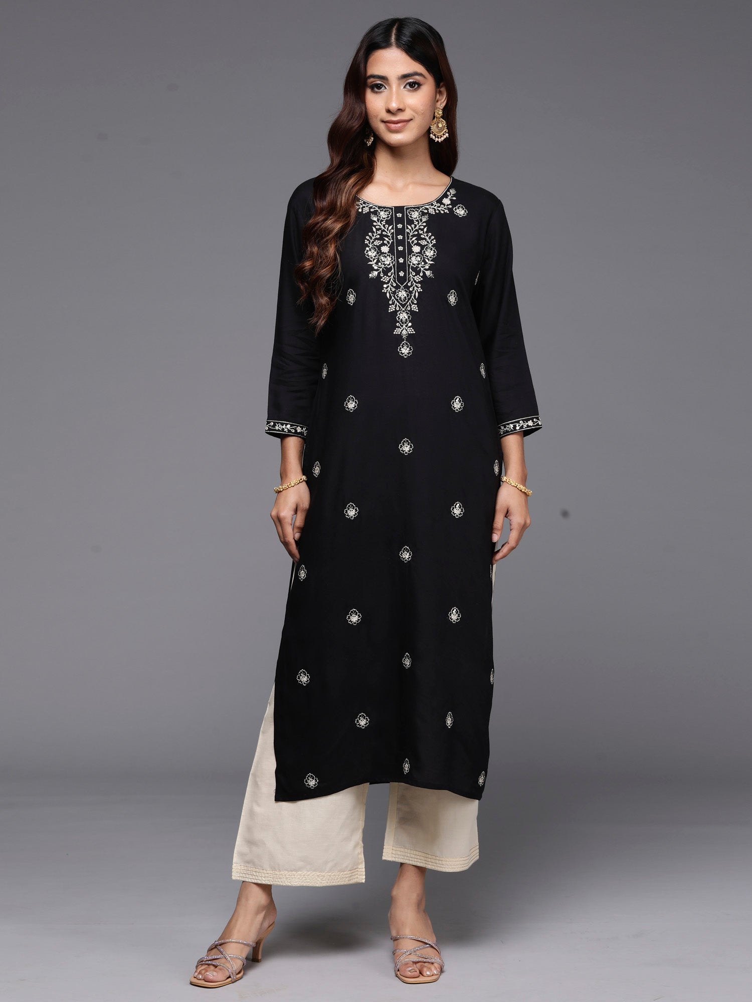 Indo Era Black Embroidered Straight Kurta | Grocsy