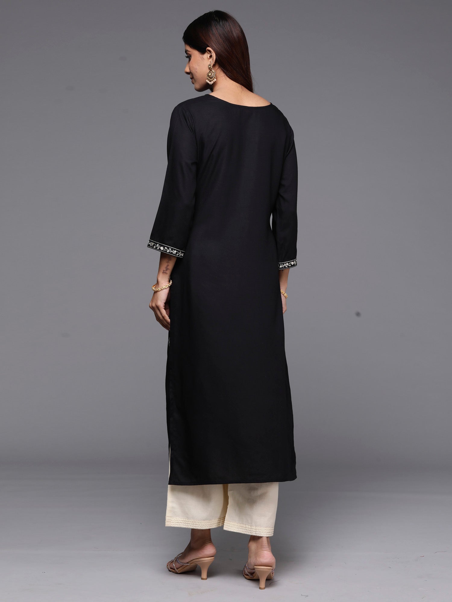 Indo Era Black Embroidered Straight Kurta | Grocsy